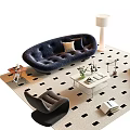 Blue Tufted Sofa And White Coffee Table Set With Green Plant Checkered Rug And Accent Chair