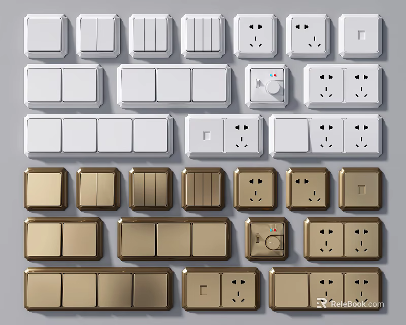 Modern Electrical Switch Panels with Sockets and Various Designs in White and Gold 3d model 
