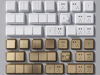 Modern Electrical Switch Panels with Sockets and Various Designs in White and Gold 3d model