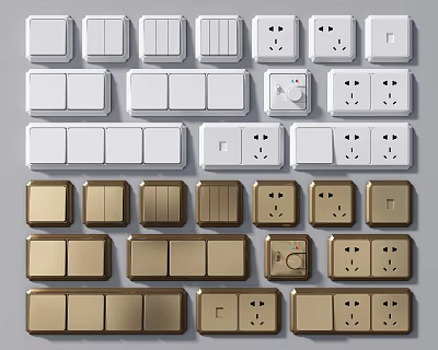 Modern Electrical Switch Panels with Sockets and Various Designs in White and Gold 3d model