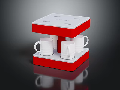 Red And White Coffee Maker With Multiple White Cups On Compact Base 3d model
