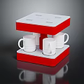 Red And White Coffee Maker With Multiple White Cups On Compact Base