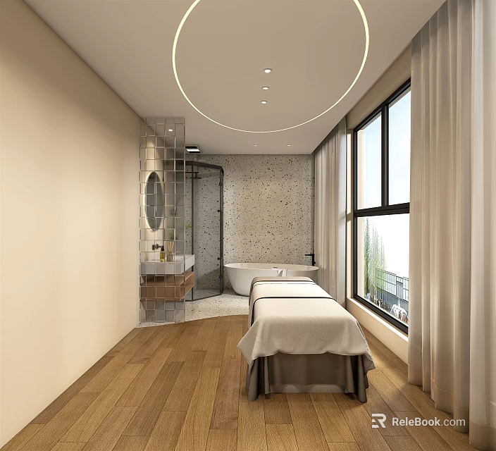 Elegant Modern SPA Sauna Interior With Massage Table Bathtub Stone Wall Wooden Flooring And Window 3d model 