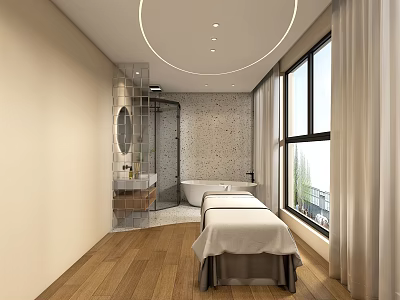 Elegant Modern SPA Sauna Interior With Massage Table Bathtub Stone Wall Wooden Flooring And Window 3d model