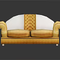 Elegant Golden Two Seater Sofa with Tufted Back and Scroll Arms