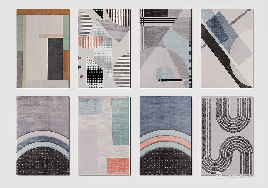 Assorted Modern Square Rugs With Geometric Patterns And Colorful Designs 3d model