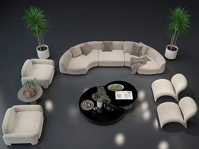 Cozy Beige Curved Sofa Set With Armchairs Black Round Coffee Table And Green Plants 3d model
