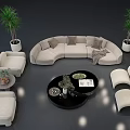 Cozy Beige Curved Sofa Set With Armchairs Black Round Coffee Table And Green Plants