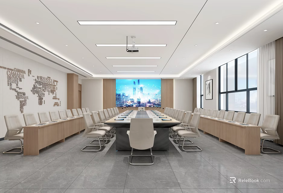 Modern Conference Room Interior with Long Table Chairs World Map Large Screen and City View 3d model 