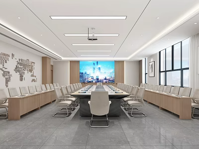 Modern Conference Room Interior with Long Table Chairs World Map Large Screen and City View 3d model