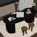 Modern Black Oval Desk With MacBook Coffee Cup Notebook Vase On Carpet And Wooden Stools