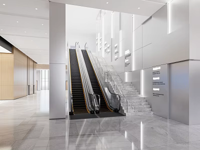 Modern Lobby With Escalator Staircase Marble Floor Bright Lighting And Clear Signage 3d model