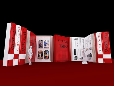 Red Open Books Themed Photo Spot with Malaysia Times Covers and Figure Models 3d model