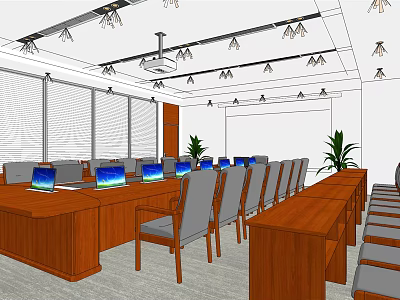 Modern Conference Room with Long Wooden Tables Chairs Laptops Ceiling Lights And Plants 3d model