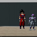 Goku and Frieza Action Figures with Red White Purple Outfits Against Gray Wall