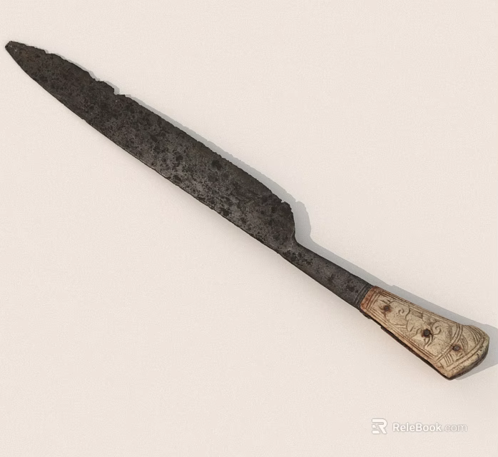 Antique Rusted Knife With Sharp Worn Blade And Carved Wooden Handle 3d model 