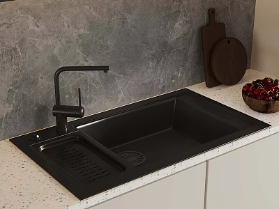 Modern Black Kitchen Sink With Faucet On Light Countertop And Gray Marble Backsplash 3d model