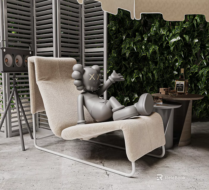 Modern Beige Chaise Lounge With Gray Sculpture Green Leafy Wall And Side Table 3d model 