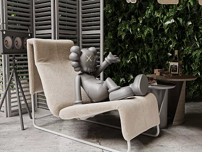 Modern Beige Chaise Lounge With Gray Sculpture Green Leafy Wall And Side Table 3d model