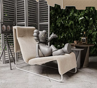 Modern Beige Chaise Lounge With Gray Sculpture Green Leafy Wall And Side Table 3d model