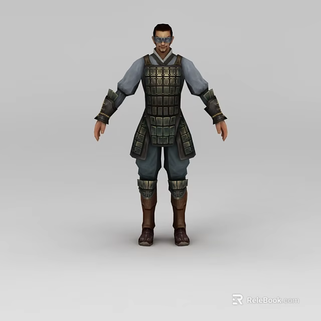 A Man in Medieval Warrior Armor with Gray Tunic Metal Plates and Brown Boots Standing 3d model 