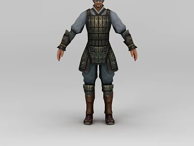 A Man in Medieval Warrior Armor with Gray Tunic Metal Plates and Brown Boots Standing 3d model