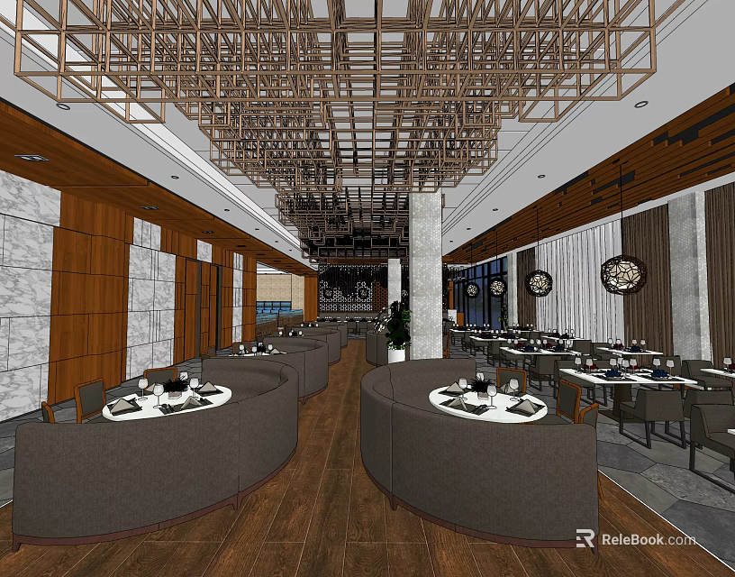 Elegant Restaurant Interior With Wooden Panels Curved Booths Set Dining Tables And Lattice Ceiling 3d model 