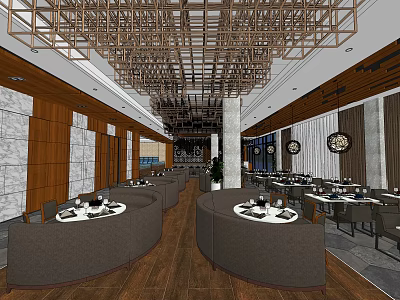 Elegant Restaurant Interior With Wooden Panels Curved Booths Set Dining Tables And Lattice Ceiling 3d model