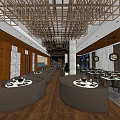 Elegant Restaurant Interior With Wooden Panels Curved Booths Set Dining Tables And Lattice Ceiling