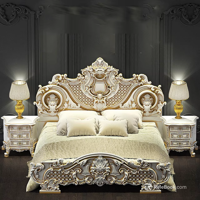 Luxurious Double Bed with Ornate Gold and White Headboard Nightstands and Table Lamps 3d model 