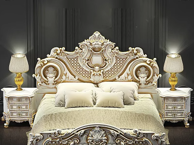 Luxurious Double Bed with Ornate Gold and White Headboard Nightstands and Table Lamps 3d model