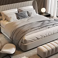 Modern Bedroom Interior With Gray Bedding Tufted Headboard Armchair And Soft Area Rug