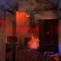Abandoned Commercial Street Shop With Flames Red Laser Lights And Dilapidated Walls