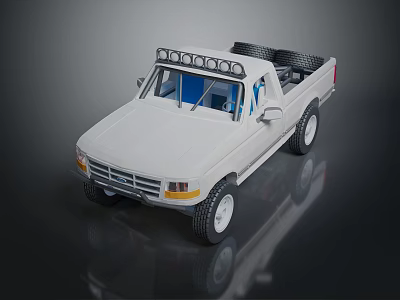 White Pickup Truck Model Featuring Roof Lights Blue Seats And Tires 3d model