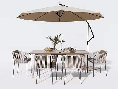 Stylish Outdoor Table with Wicker Chairs Parasol Green Plant Fruits and Wine Glasses 3d model