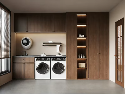 Home Balcony Laundry Space With Wooden Cabinets Washing Machine Dryer And Storage Shelves 3d model