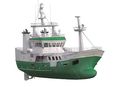Modern Green And White Fishing Vessel With Wheelhouse Antenna And Railing 3d model