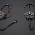 Vintage Industrial Gas Mask With Teal Filters Brown Straps And Flexible Hose