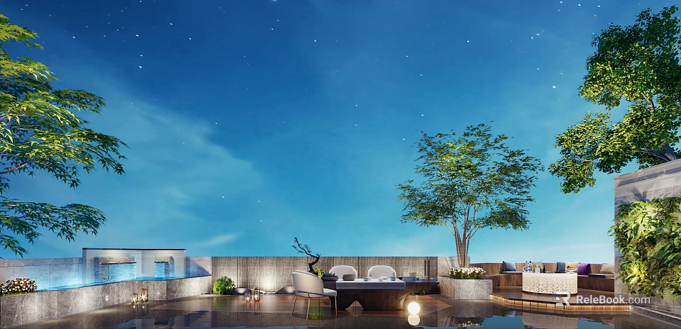 Beautiful Rooftop Garden With Starry Sky Green Trees And Comfortable Seating Area 3d model 
