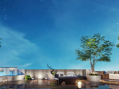 Beautiful Rooftop Garden With Starry Sky Green Trees And Comfortable Seating Area 3d model