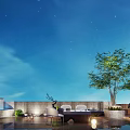 Beautiful Rooftop Garden With Starry Sky Green Trees And Comfortable Seating Area