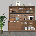 Modern Wooden Sideboard With Drawers Glass Doors And Kitchen Items Near Green Plant