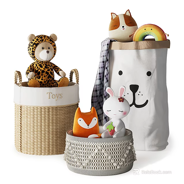 Toy Storage Baskets Woven and Fabric with Cartoon Face Design for Kids Room Stuffed Toys 3d model 