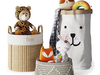 Toy Storage Baskets Woven and Fabric with Cartoon Face Design for Kids Room Stuffed Toys 3d model