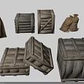 Ancient Scene With Stacked Wooden Crates And Sack Bags In Historical Setting