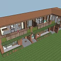 Modern Vacation Home Exterior With Wooden Structure Large Glass Windows And Balcony Green Plants