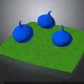 Green Grassy Surface With Three Blue Bulbous Shapes And Textured Design