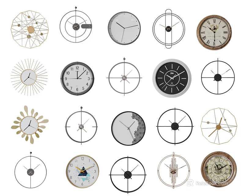 Various Designed Clocks with Different Styles Patterns and Decorative Features 3d model 