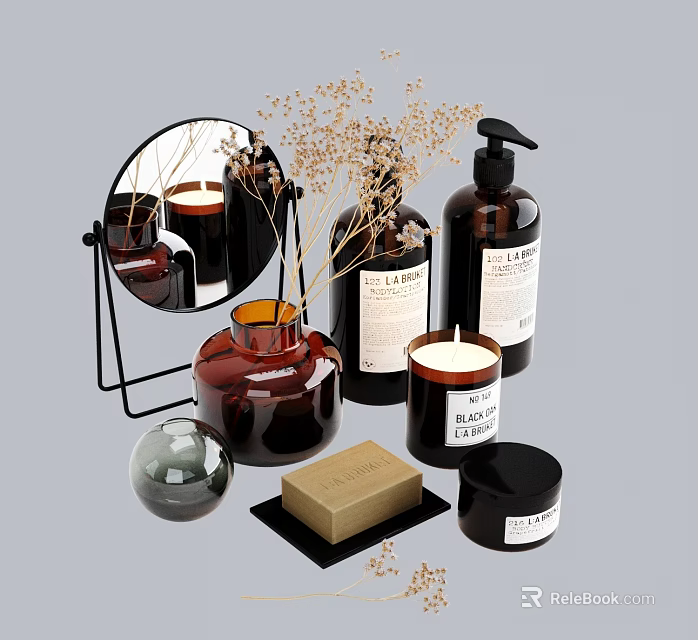 Elegant Bathroom Accessories With Mirror Vase Soap Dispenser Candle And Decorative Items 3d model 