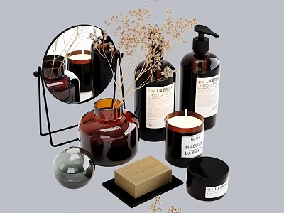 Elegant Bathroom Accessories With Mirror Vase Soap Dispenser Candle And Decorative Items 3d model